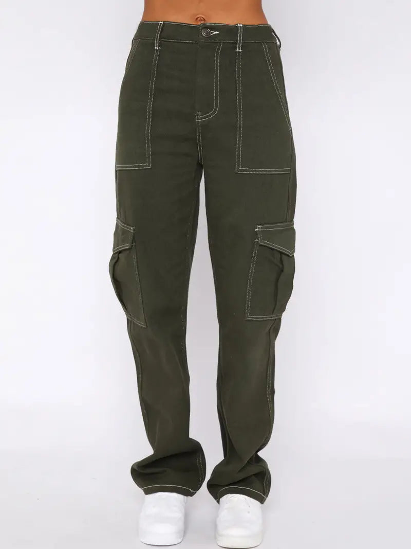 Army Green Loose Fit High Waist Cargo Denim Pants