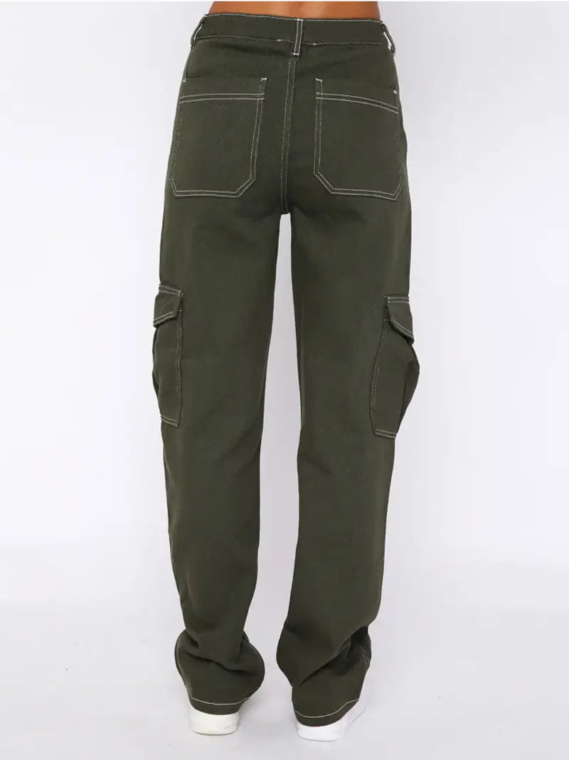Army Green Loose Fit High Waist Cargo Denim Pants