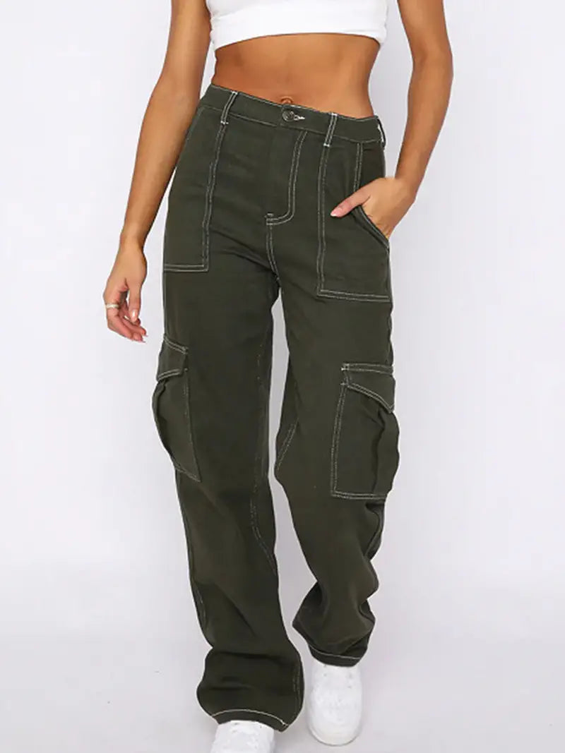 Army Green Loose Fit High Waist Cargo Denim Pants